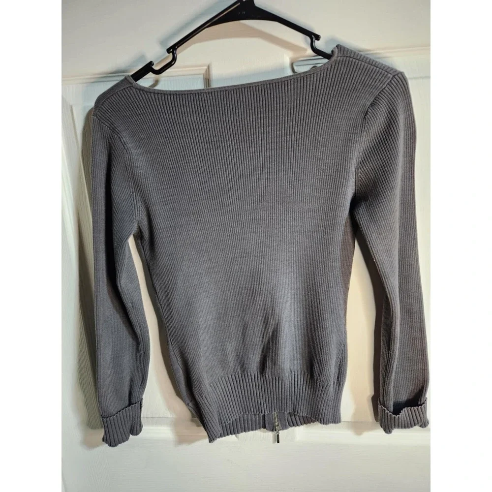 WK 9000 Gray Ribbed Knit Zip Up Cardigan Gold Foil Graphic‎ Rhinestone Small